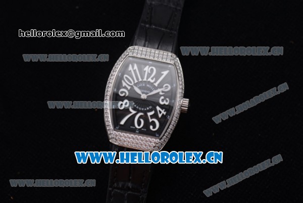 Franck Muller Black Croco Ronda 762 Quartz Steel Case with Black Dial Arabic Numeral Markers and Black Leather Strap Diamonds Bezel - Click Image to Close